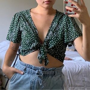 flowy green polka dot tie top